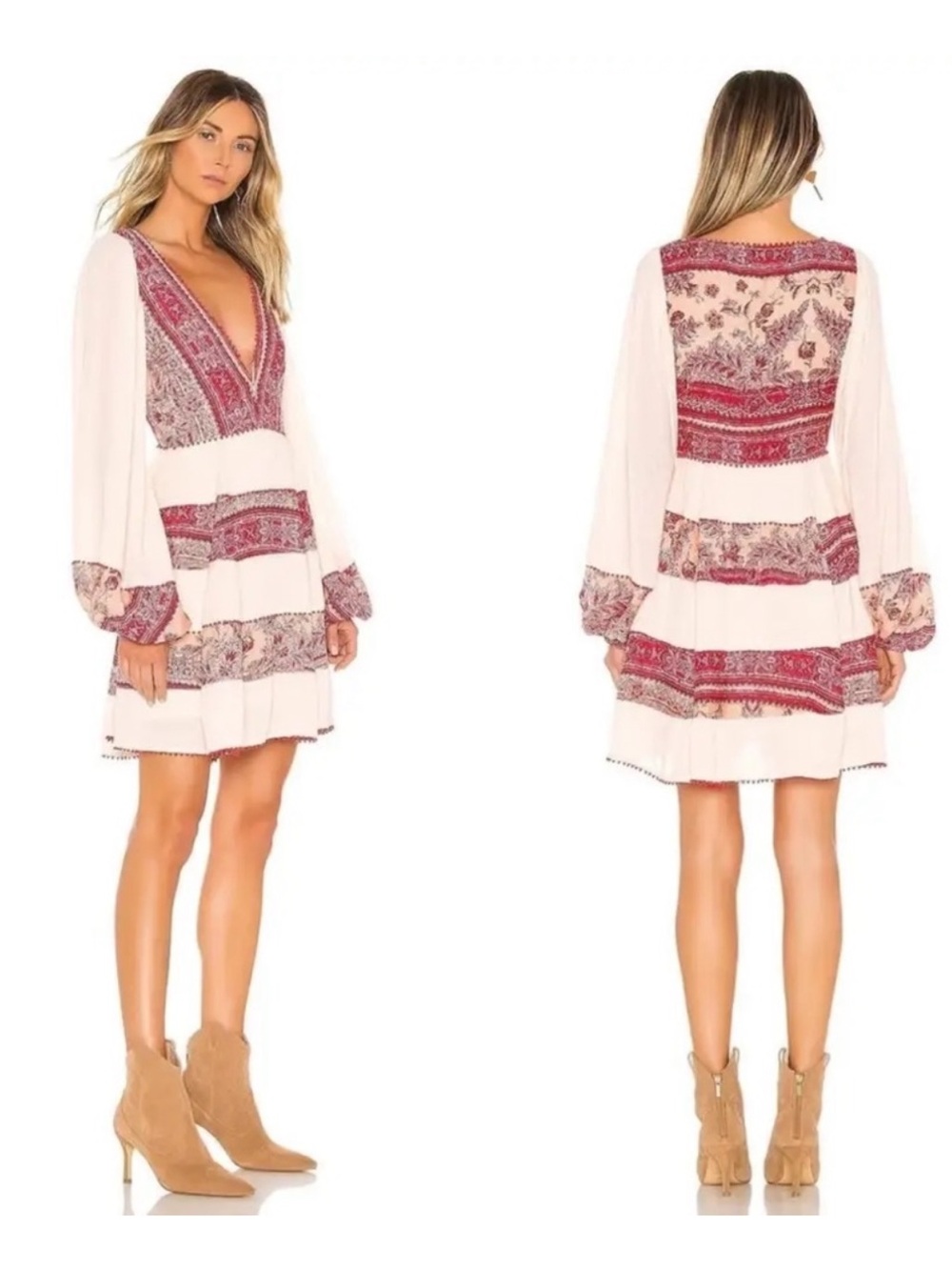 Free People blush boho mini dress with red print panels